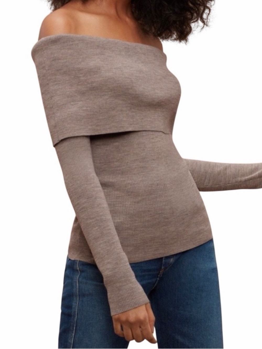 Wilfred Croquis Off Shoulder Wool Sweater Y2K Quiet Luxury Taupe Brown M